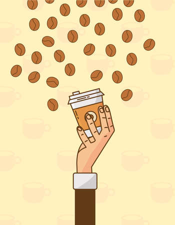 hand lifting coffee drink in take away pot and grains vector illustration designのイラスト素材