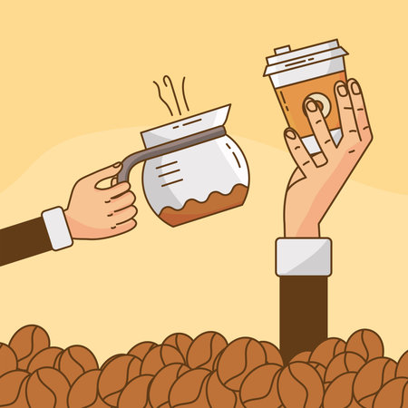 hands lifting coffee drink in teapot and plastic container with grains vector illustration designのイラスト素材