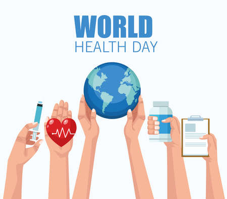 world health day lettering with hands lifting medical icons vector illustration designのイラスト素材