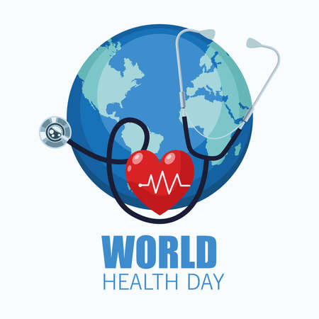world health day lettering with heart and stethoscope in earth vector illustration designのイラスト素材