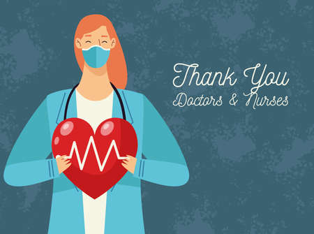 thank you doctors and nurses lettering with doctor female lifting heart cardio vector illustration designのイラスト素材