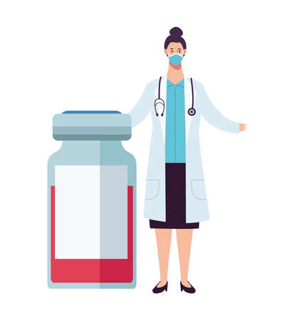 female doctor wearing medical mask with vaccine vial vector illustration designのイラスト素材