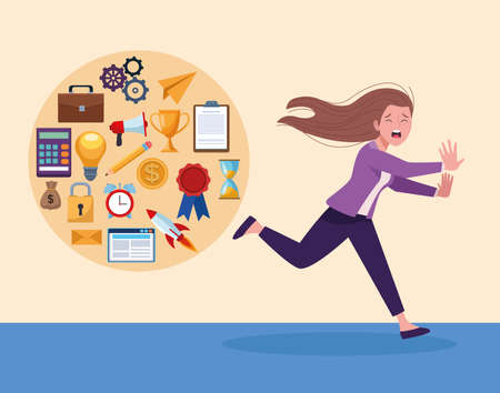 businesswoman running stress with information overload icons vector illustration designのイラスト素材