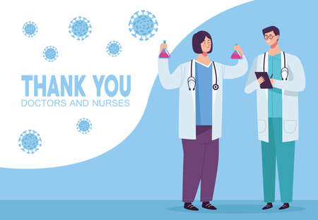 doctors couple with particles virus vector illustration designのイラスト素材