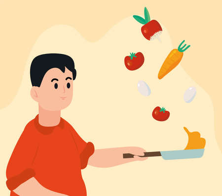 man cooking vegetables in panのイラスト素材