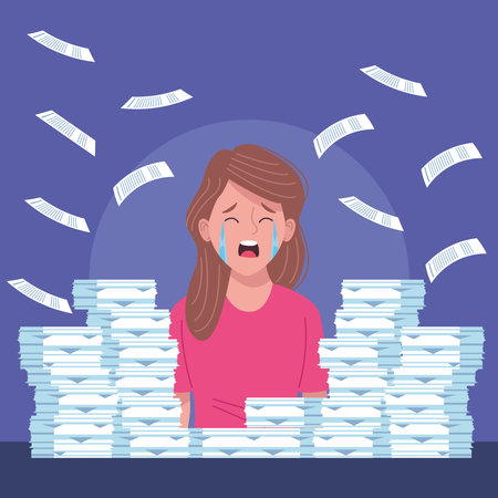 businesswoman crying stress with pile documents vector illustration designのイラスト素材