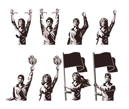 eight persons protesting revolution charactersのイラスト素材