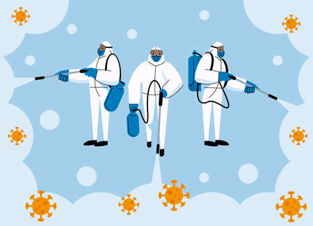 three biozafety workers disinfecting covid19のイラスト素材