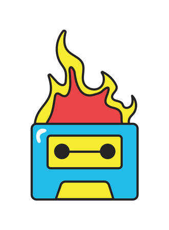 cassette on fire retro styleのイラスト素材