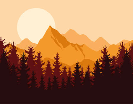 peaks and pines flat landscapeのイラスト素材