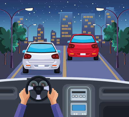 hands driving car urban sceneのイラスト素材