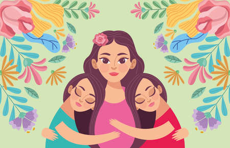mom and daughters with flowersのイラスト素材