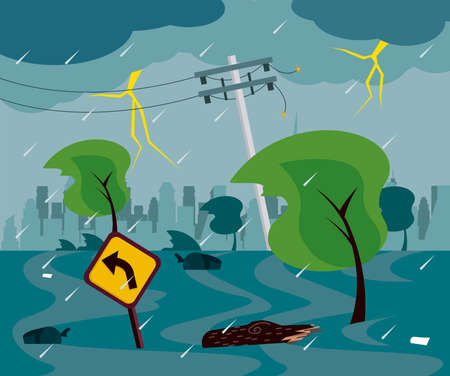 storm and flood urban sceneのイラスト素材