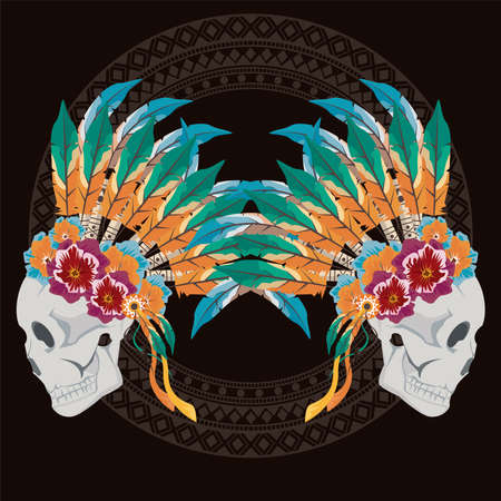 skulls indians profiles with feathersのイラスト素材