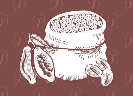 cacao seeds sack and fruitsのイラスト素材