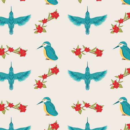 blue birds and flowersのイラスト素材