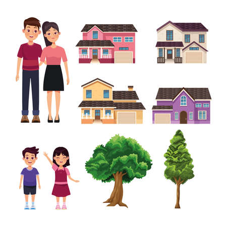 four houses and familyのイラスト素材