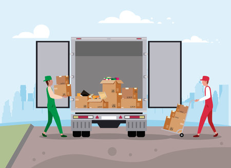 Delivery men with moving out boxes and truckのイラスト素材