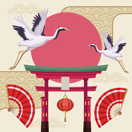 japanese arch and storksのイラスト素材