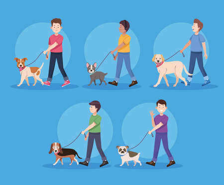 five men with dogsのイラスト素材