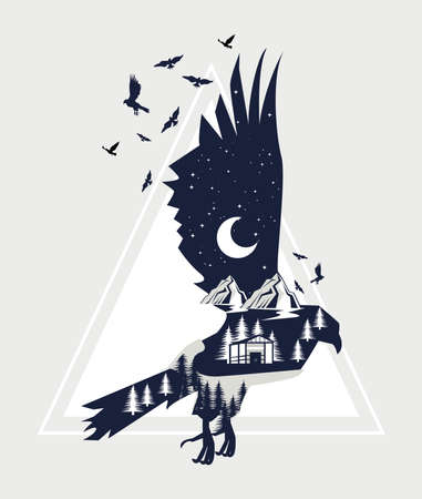 eagle flying double exposureのイラスト素材