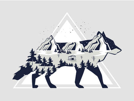 wolf animal double exposureのイラスト素材