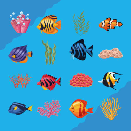 sixteen sealife underwater iconsのイラスト素材