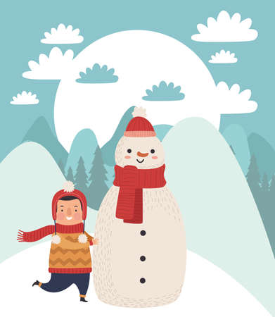 boy and snowman charactersのイラスト素材