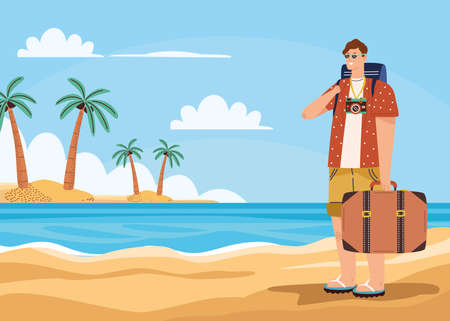 tourist with camera on the beachのイラスト素材