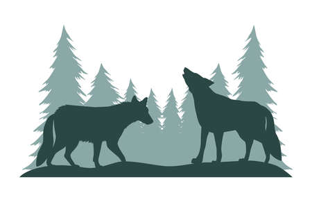 wolves in landscape silhouettesのイラスト素材