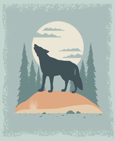 wolf howling in landscapeのイラスト素材