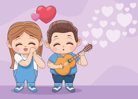 little couple playing guitarのイラスト素材