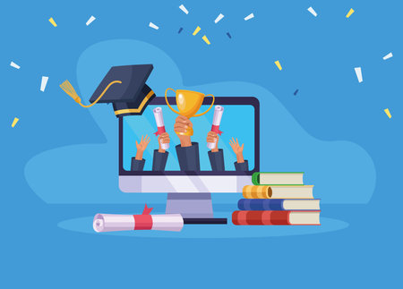graduates hands in computerのイラスト素材