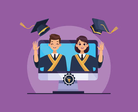 computer with graduatesのイラスト素材