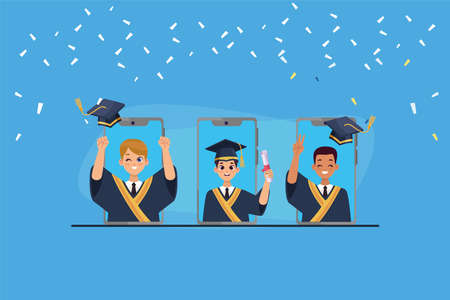 three graduates in smartphonesのイラスト素材