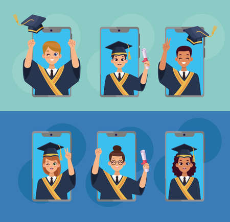 students graduates in smartphonesのイラスト素材