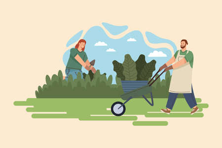 gardeners couple with wheelbarrowのイラスト素材
