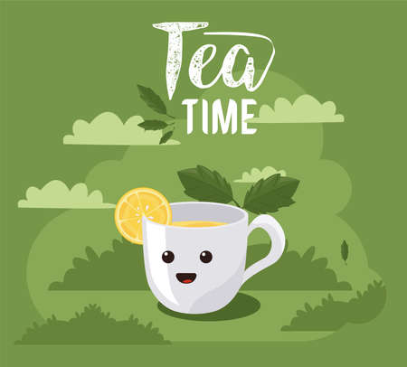 tea time lettering with kawaii cupのイラスト素材
