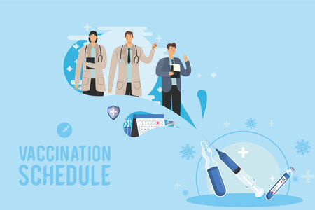 vaccination schedule lettering with doctorsのイラスト素材