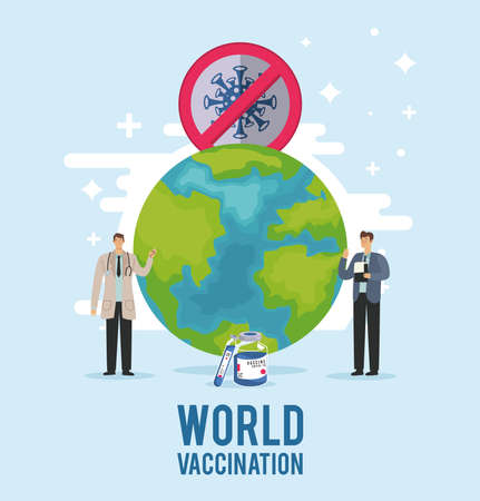 world vaccination lettering with doctorsのイラスト素材