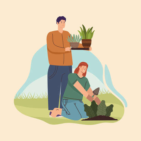 garden with gardeners workingのイラスト素材