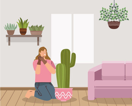 female gardener in livingroomのイラスト素材