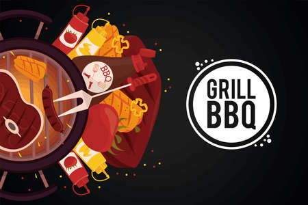 grill bbq lettering and itemsのイラスト素材