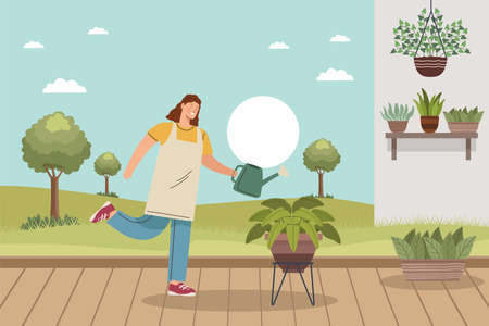 gardener woman with sprinklerのイラスト素材