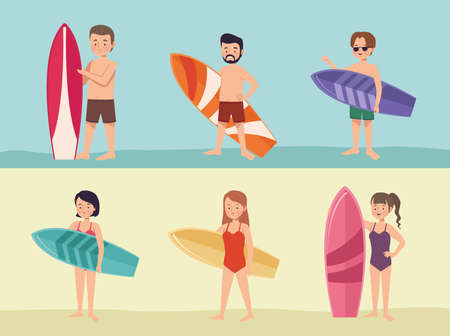 six young surfers charactersのイラスト素材