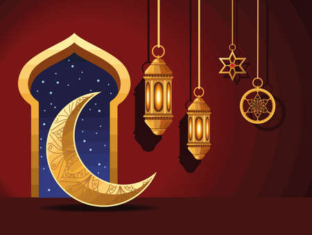 ramadan kareem lamps and moonのイラスト素材