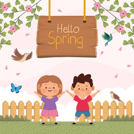 hello spring and kids coupleのイラスト素材