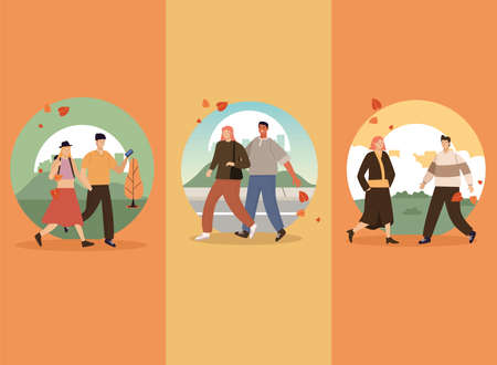 six persons walking scenesのイラスト素材