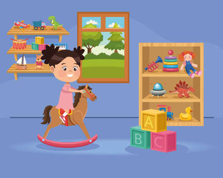 little girl in wooden horseのイラスト素材