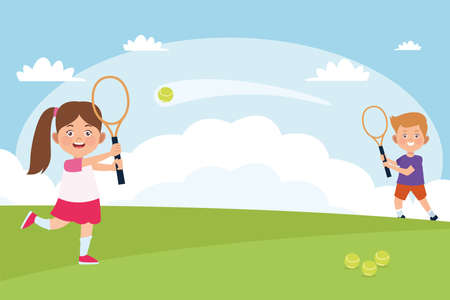 kids couple practicing tennis outdoorのイラスト素材
